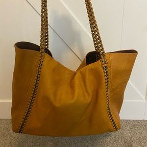 Large mustard yellow leather tote bag